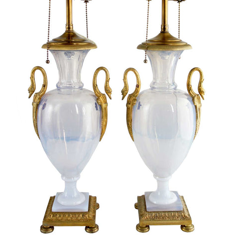 Pair French Empire Ormolu Mounted Opalescent Glass Two-Light Table Lamps