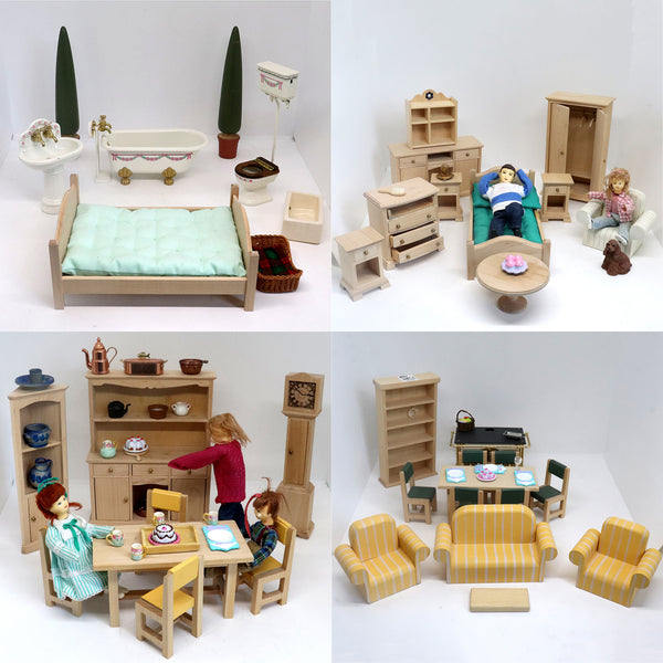 Collection of Vintage English Honeychurch Wooden Dollhouse Furniture and Dolls