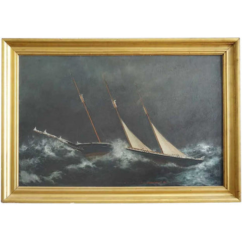 American New England Oil on Canvas on Board Painting, Schooner Geo V. Jordan in a Hurricane