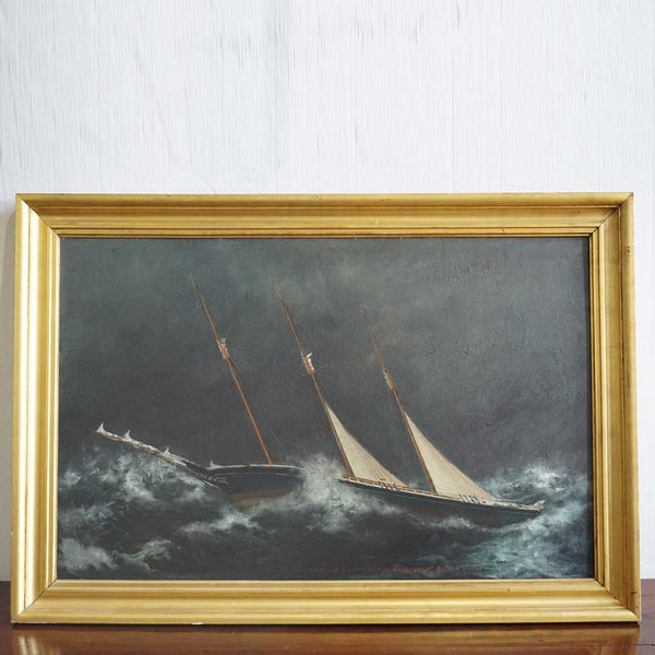 American New England Oil on Canvas on Board Painting, Schooner Geo V. Jordan in a Hurricane