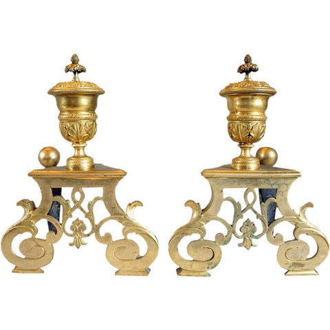 Pair of French Louis XIV Style Gilded Bronze Fireplace Andirons