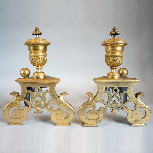 Pair of French Louis XIV Style Gilded Bronze Fireplace Andirons
