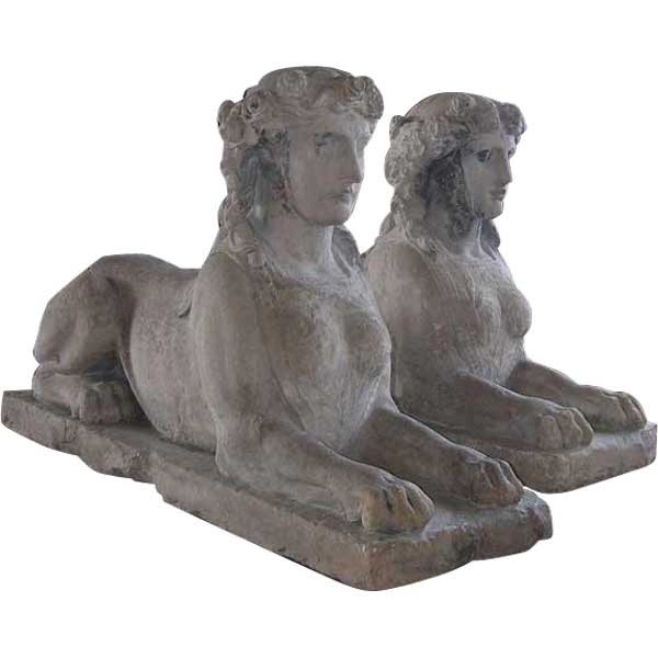 Pair of French Louis XVI Limestone Sphinx Garden Statues