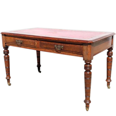 English Victorian Leather Top Quarter Sawn Oak Writing Desk on Casters