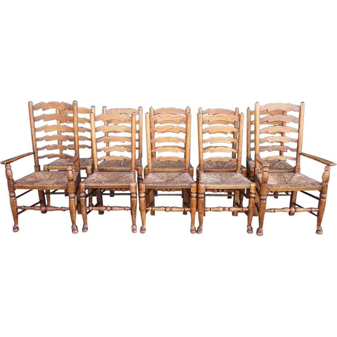 Set of 10 English Country Oak Rush Seat Ladderback Dining Chairs