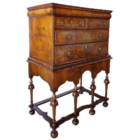 English William and Mary Inlaid Burled Walnut Veneer Chest on Stand