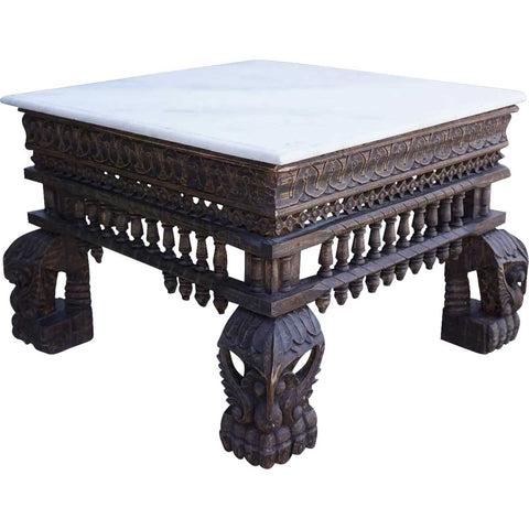 Indian White Marble Top Teak Base Square Coffee Table