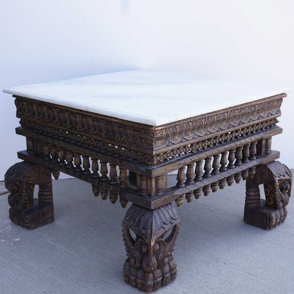 Indian White Marble Top Teak Base Square Coffee Table