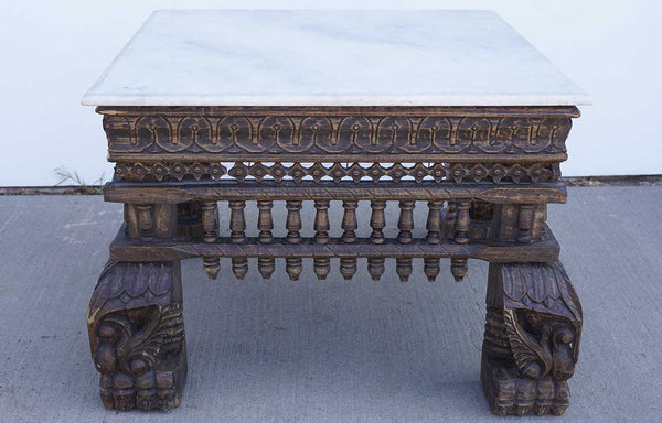 Indian White Marble Top Teak Base Square Coffee Table