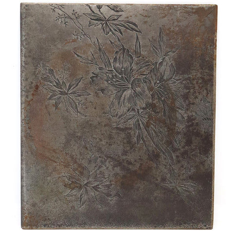 Engraved Steel Printing Press Plate, Lily Flowers and Dragonfly