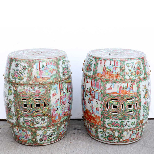 Pair of Chinese Export Canton Porcelain Rose Medallion Drum Garden Stools