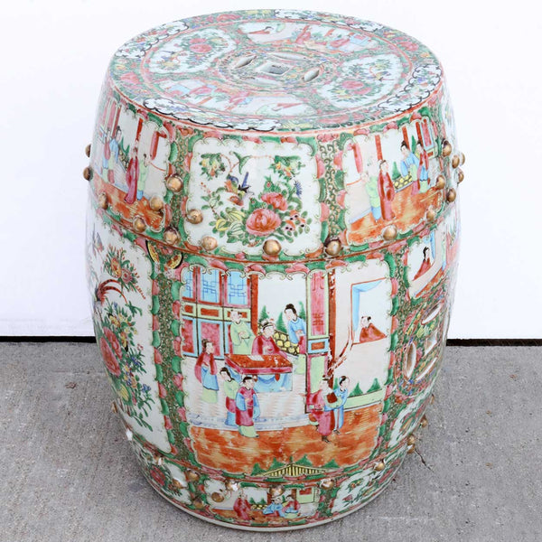 Pair of Chinese Export Canton Porcelain Rose Medallion Drum Garden Stools