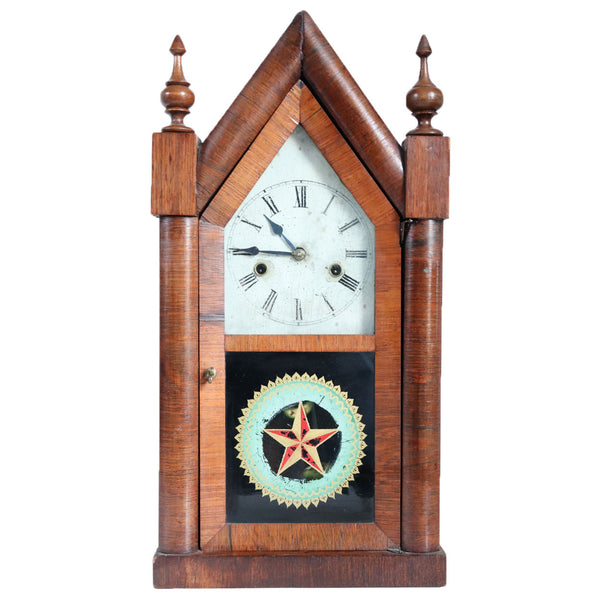 American New Haven Clock Company Rosewood Veneer Steeple 8-Day Shelf Clock