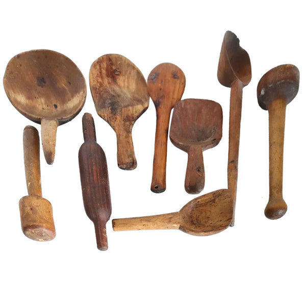 Collection of Nine American New England Primitive Wooden Kitchen Cooking Tools