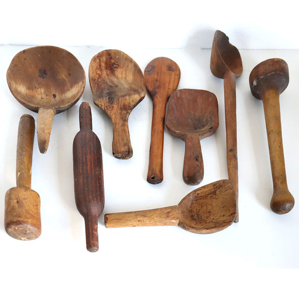 Collection of Nine American New England Primitive Wooden Kitchen Cooking Tools