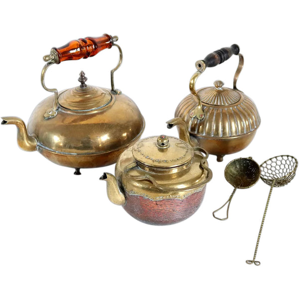 Three English and Chinese Brass and Copper Teapots and Two Strainers