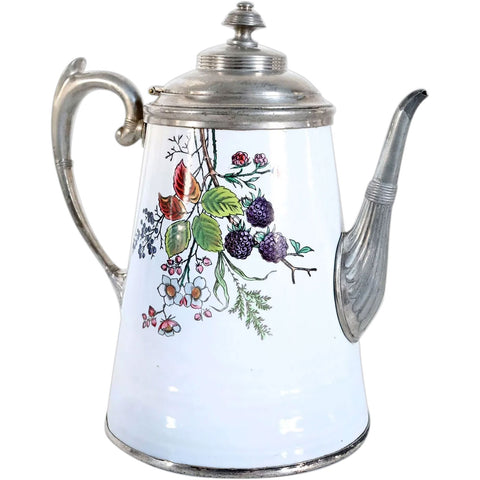 Rare American Manning & Bowman Blackberry Enamel and Pewter Graniteware Coffee Pot