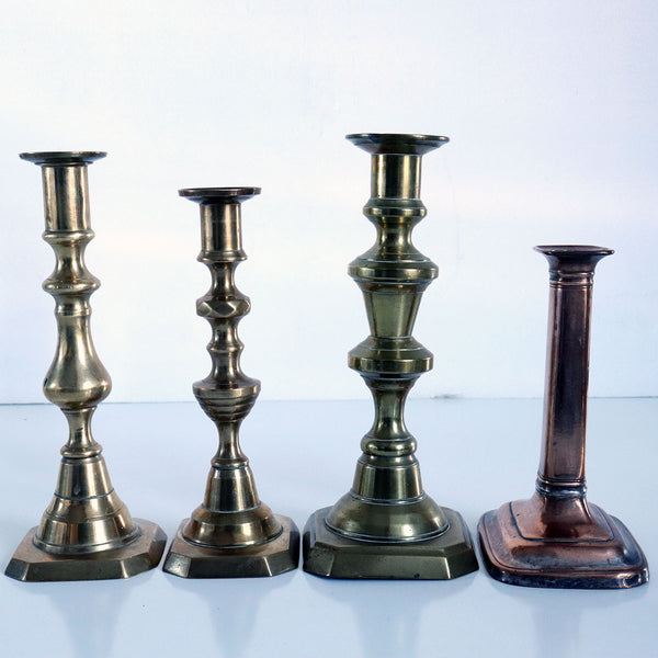 Collection of Four English Victorian Brass and Copper Candlesticks