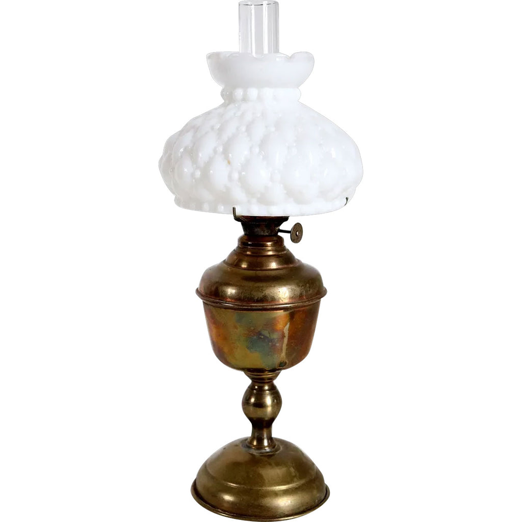 American Plume & Atwood Acorn Brass Kerosene Oil Lamp and White Milk