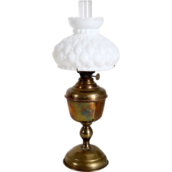 American Plume & Atwood Acorn Brass Kerosene Oil Lamp and White Milk Glass Shade