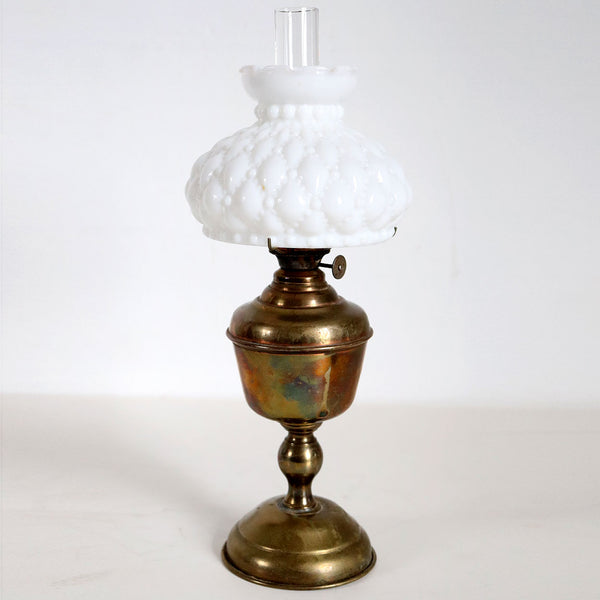 American Plume & Atwood Acorn Brass Kerosene Oil Lamp and White Milk Glass Shade