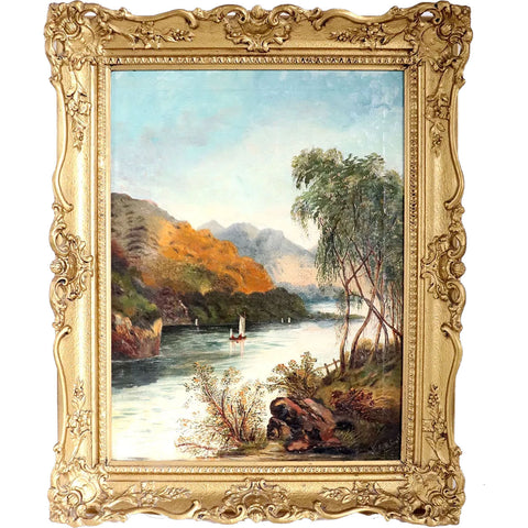 British A.M. SMALL Oil on Canvas Landscape Painting, Boating on the River