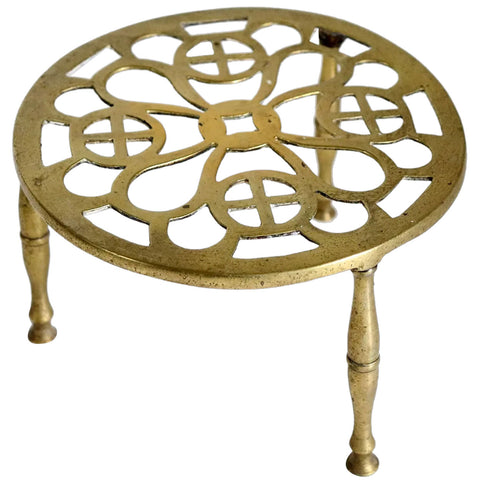 English Reticulated Brass Round Kettle Stand / Teapot Trivet