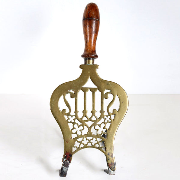 English Gothic Revival Brass, Iron and Oak Handle Fireplace Hearth Trivet