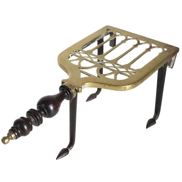 English Gothic Revival Brass, Iron and Rosewood Handle Fireplace Hearth Trivet