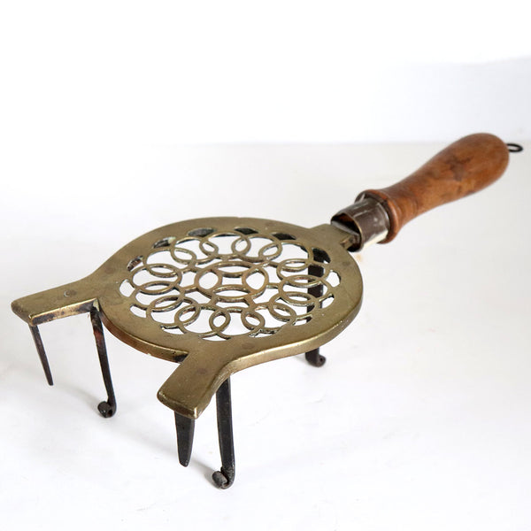 English Victorian Reticulated Round Brass, Iron and Elm Handle Fireplace Hearth Trivet