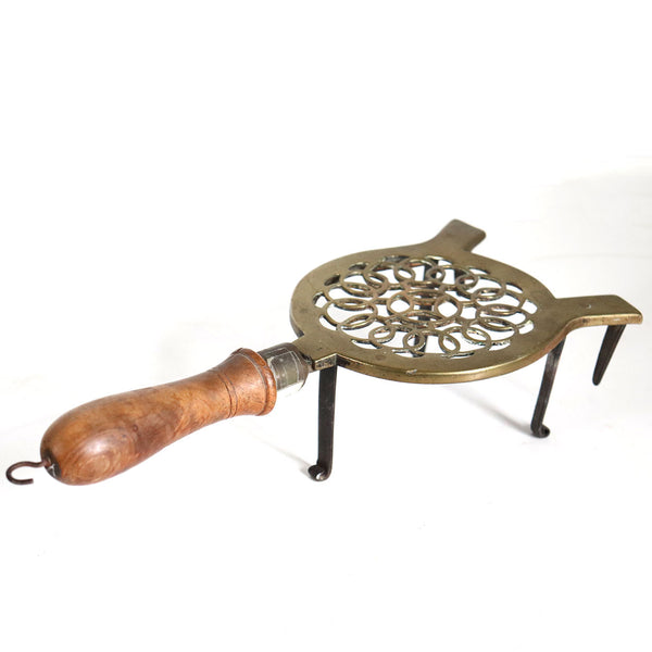 English Victorian Reticulated Round Brass, Iron and Elm Handle Fireplace Hearth Trivet