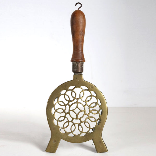 English Victorian Reticulated Round Brass, Iron and Elm Handle Fireplace Hearth Trivet