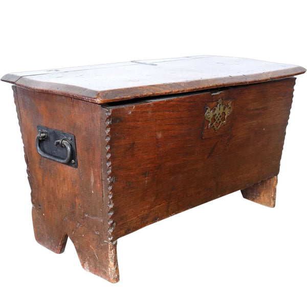 Small Early English Iron Mounted Elm Coffer Chest
