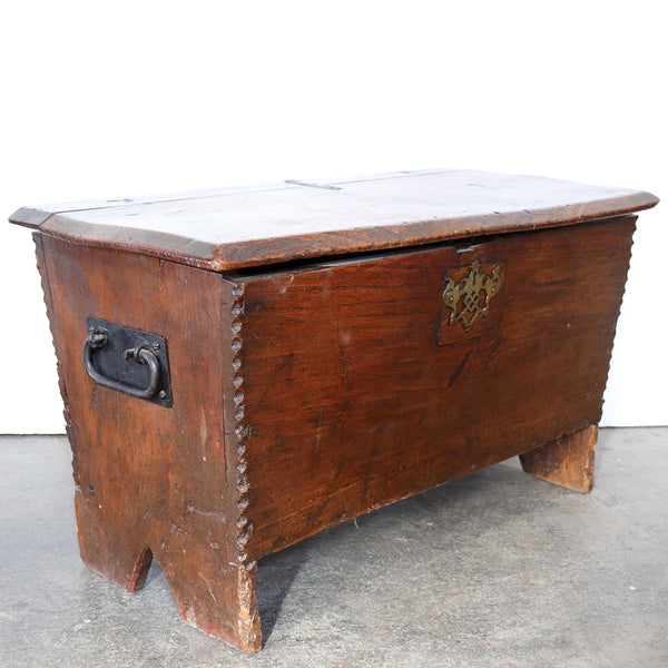 Small Early English Iron Mounted Elm Coffer Chest