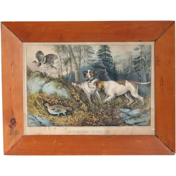 Framed American Currier and Ives Colored Lithograph, Partridge Shooting