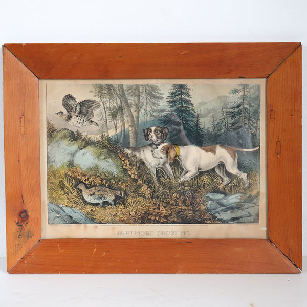 Framed American Currier and Ives Colored Lithograph, Partridge Shooting