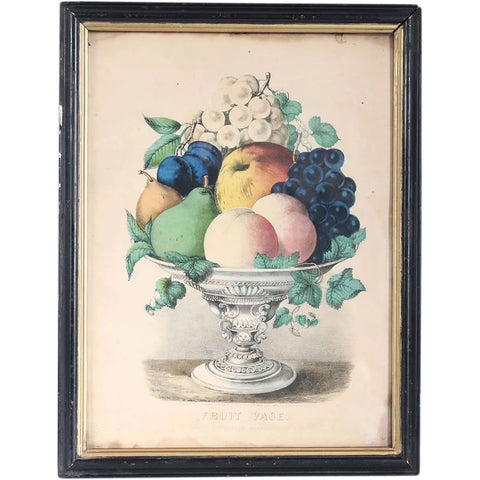 Framed American Currier and Ives Colored Lithograph, Still Life of a Fruit Vase