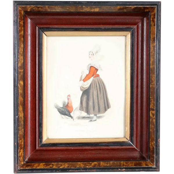Small French Walnut Framed Colored Fashion Engraving, Paysanne Cauchoise