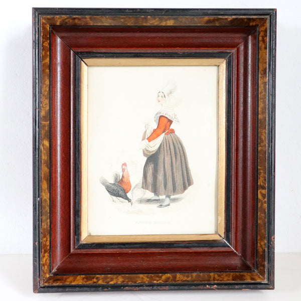 Small French Walnut Framed Colored Fashion Engraving, Paysanne Cauchoise