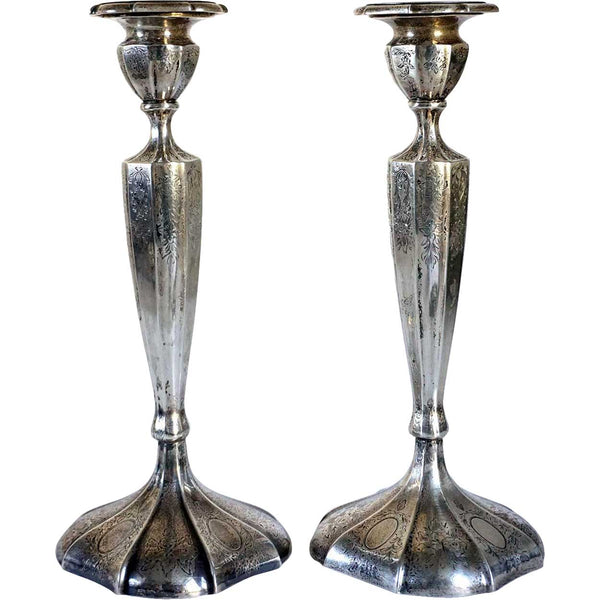 Pair of American Meriden Brittania Engraved Sterling Silver Candlesticks