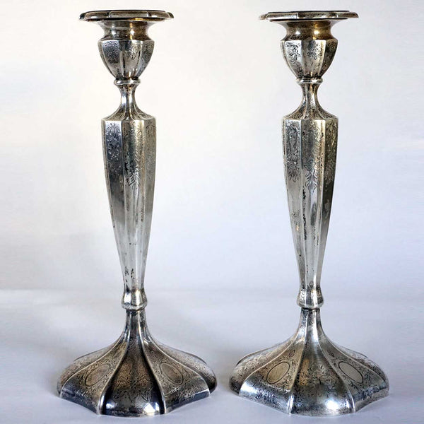 Pair of American Meriden Brittania Engraved Sterling Silver Candlesticks