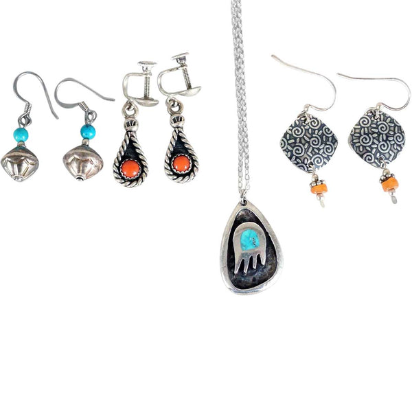 Three Pairs Vintage Native American Silver, Coral and Turquoise Earrings and Necklace