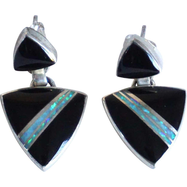 Pair Vintage Native American MARIE TSOSIE Sterling Silver, Opal and Jet Pierced Earrings