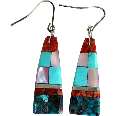 Vintage Native American Santo Domingo Silver Stone Mosaic Drop Earrings