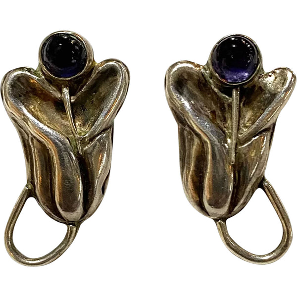 Pair of Vintage Mexican Sterling Silver and Amethyst Calla Lily Screw-Back Earrings