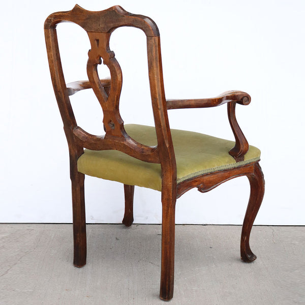 Pair Italian Rococo Walnut Upholstered Seat Open Armchairs