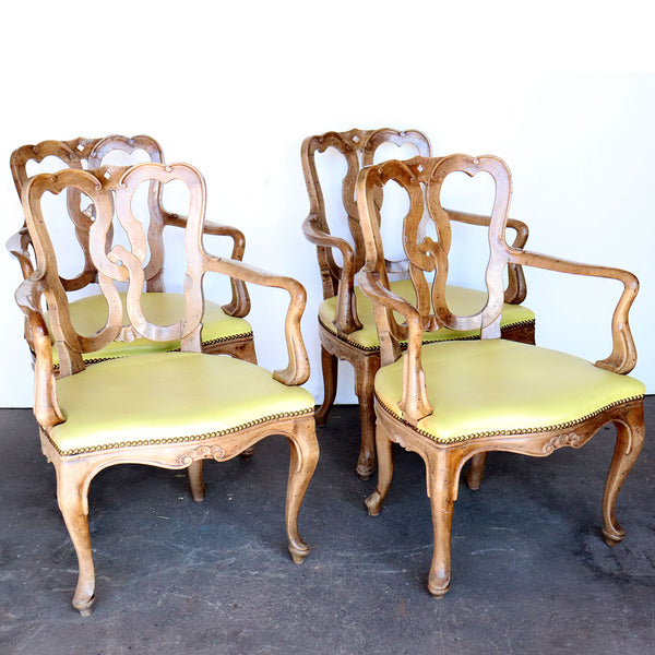 Set of Four Italian Venetian Rococo Revival Pale Walnut Upholstered Seat Armchairs