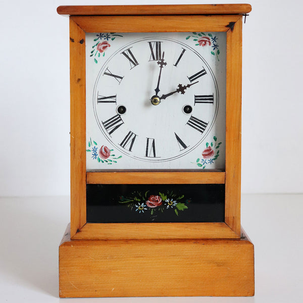 American Waterbury Pine and Reverse Painted Glass 30-Hour Cottage Shelf Clock