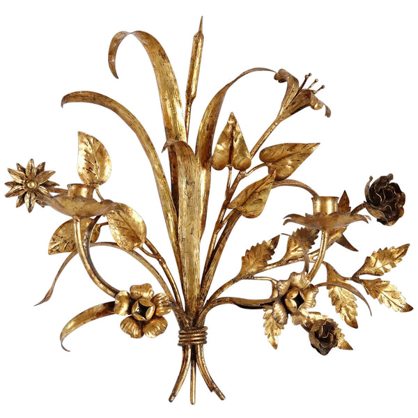 Vintage Italian Gilt Iron Two-Arm Floral Candle Wall Sconce