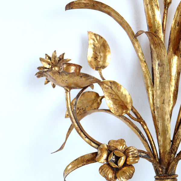 Vintage Italian Gilt Iron Two-Arm Floral Candle Wall Sconce